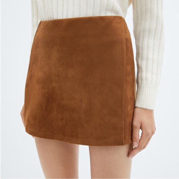 Mango Dresses & Skirts - Mango Brown suede faux wrap mini skirt - XL NWT